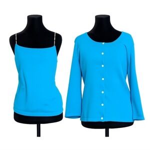 Ralph Lauren Vtg Y2K Aqua Blue Knit Cardigan & Beaded Straps Tank Top Twin Set
